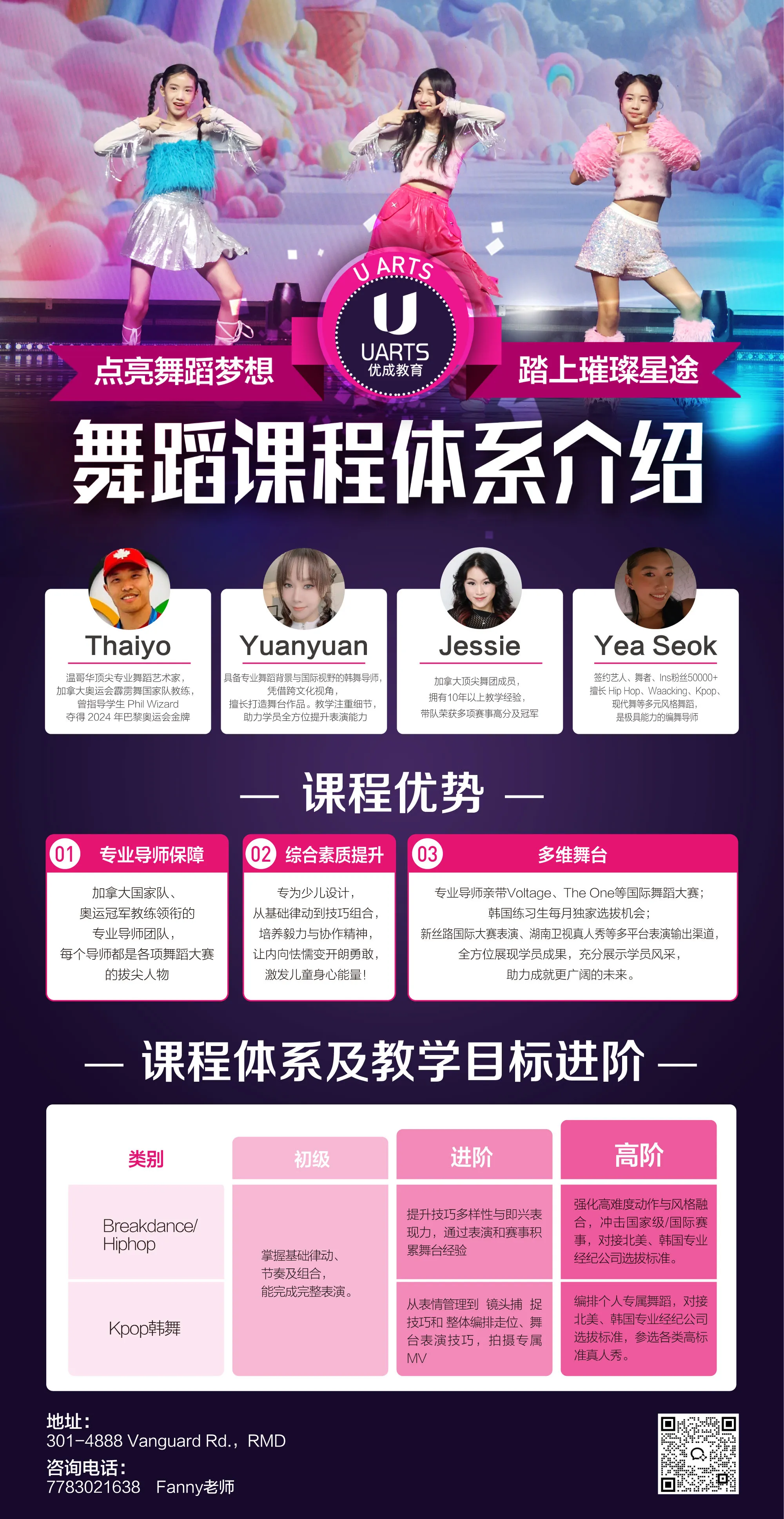 舞蹈课程体系介绍海报：四位导师、三项课程优势与课程体系表格